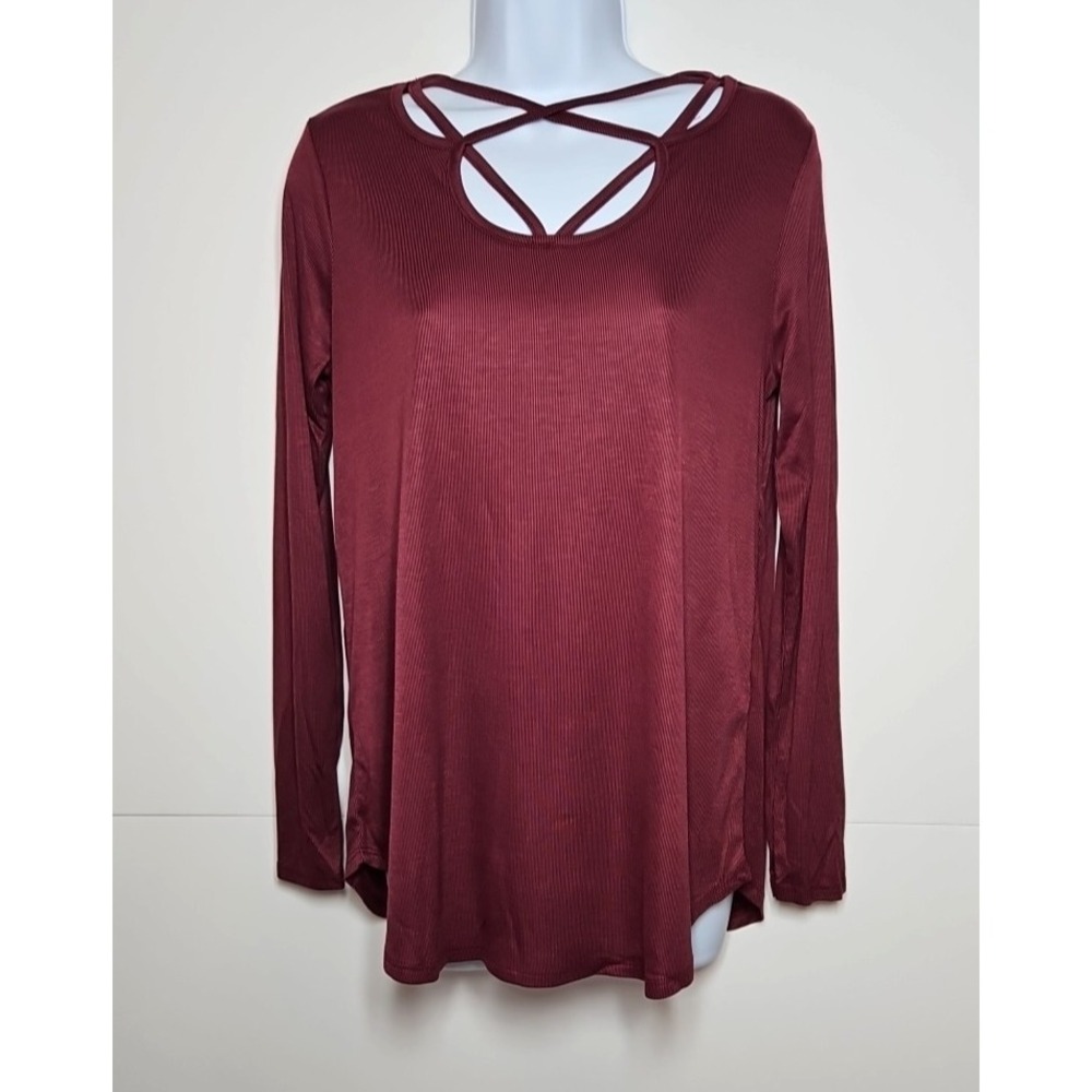 Ella Mara Women's Burgundy Long Sleeve Strappy Neck‎ Top Size Large NWOT